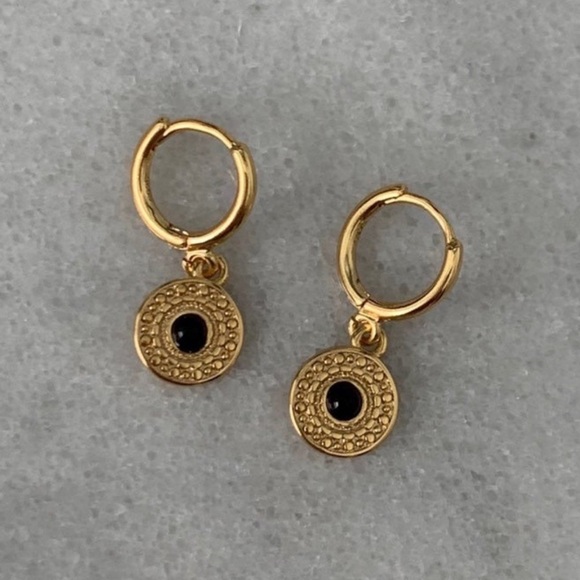 Modest Lu Jewelry - Gold Medallion Disc Boho Dangle Huggie Hoop Earrings